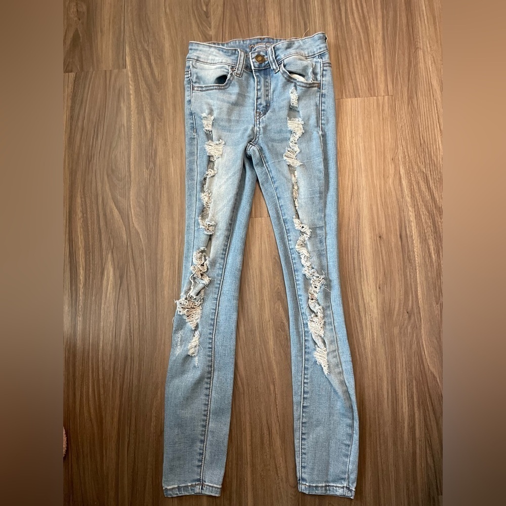 Rue21 Blue Mid Rise Ankle Jeggings with Distressed Detailing size 0